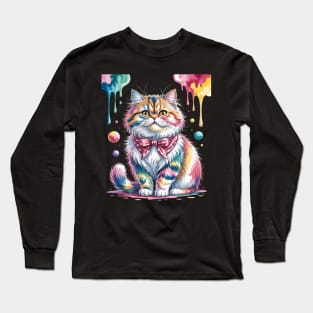 Womens Paint Art British Longhair Cat Highland Straight Long Sleeve T-Shirt